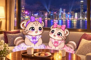 ホテルのお部屋で香港の夜景を楽しむ、紫のリボンのこまぬとピンクのリボンのこみぬのイラスト
