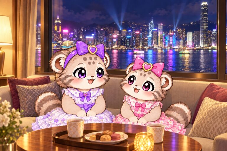 ホテルのお部屋で香港の夜景を楽しむ、紫のリボンのこまぬとピンクのリボンのこみぬのイラスト