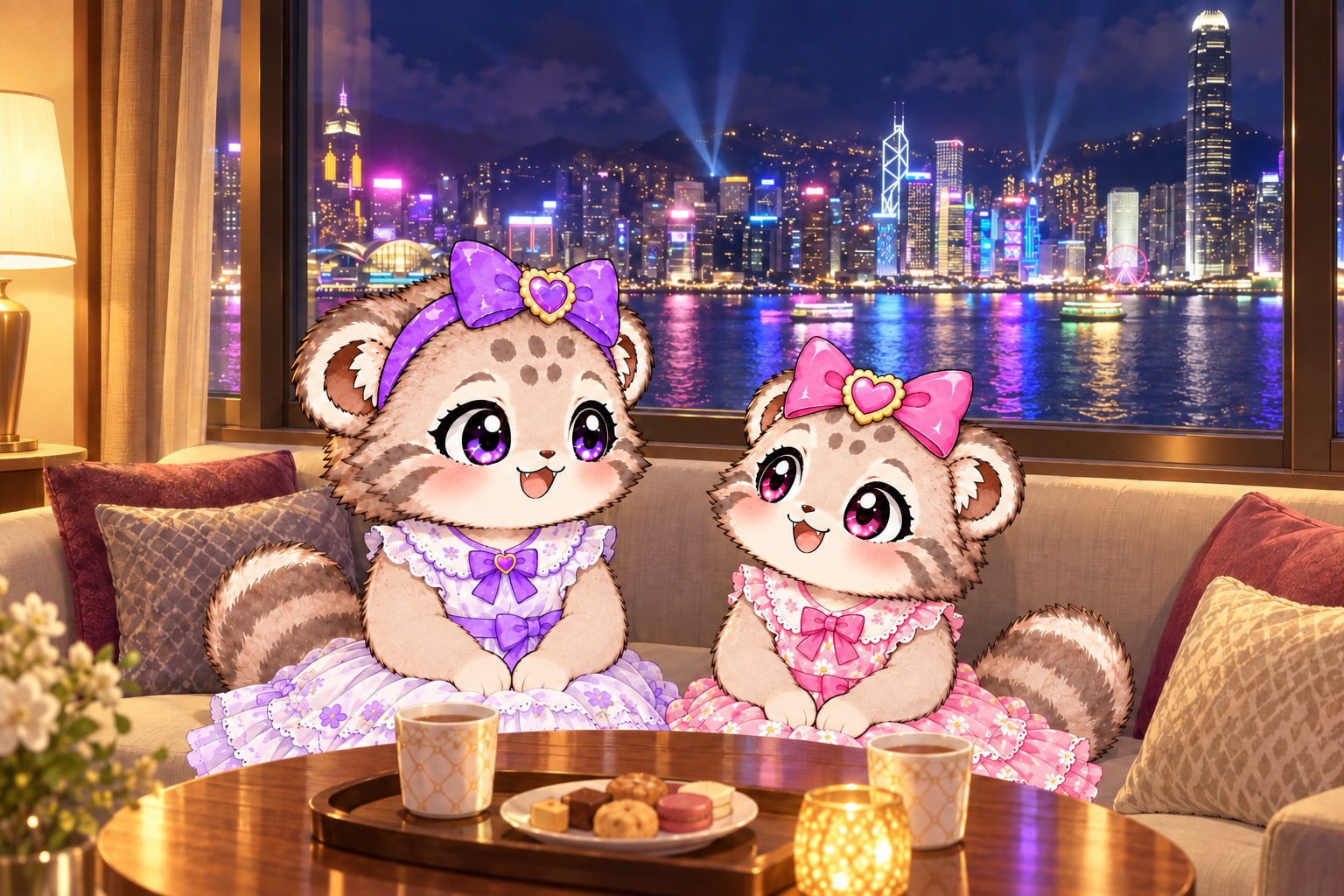 ホテルのお部屋で香港の夜景を楽しむ、紫のリボンのこまぬとピンクのリボンのこみぬのイラスト