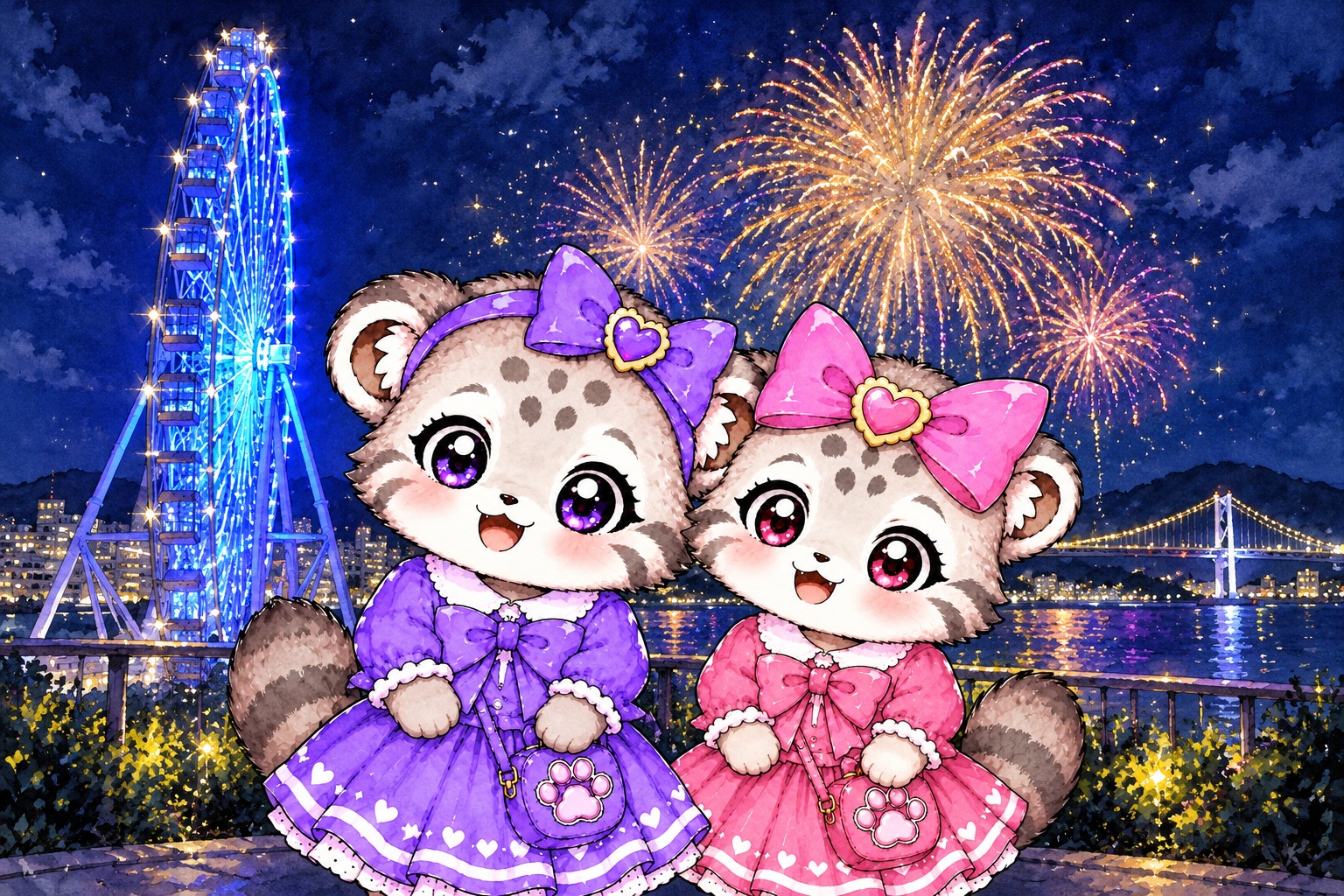 青い観覧車と金色の花火を背景に、紫の服のこまぬとピンクの服のこみぬが並ぶイラスト