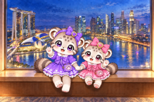 マリーナベイの夜景と、窓辺に座るこまぬとこみぬ