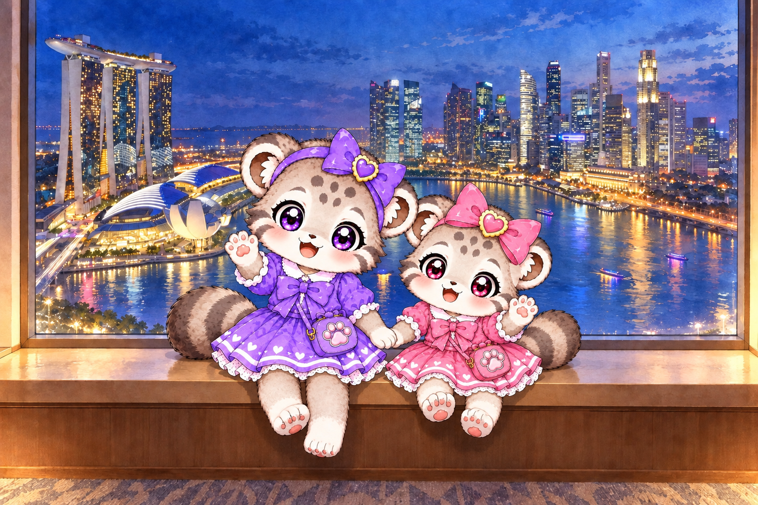 マリーナベイの夜景と、窓辺に座るこまぬとこみぬ