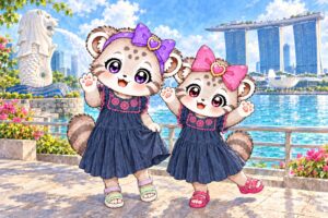 マーライオンとマリーナベイサンズを背景に、紺色のおそろいのワンピースで手を振るこまぬとこみぬ