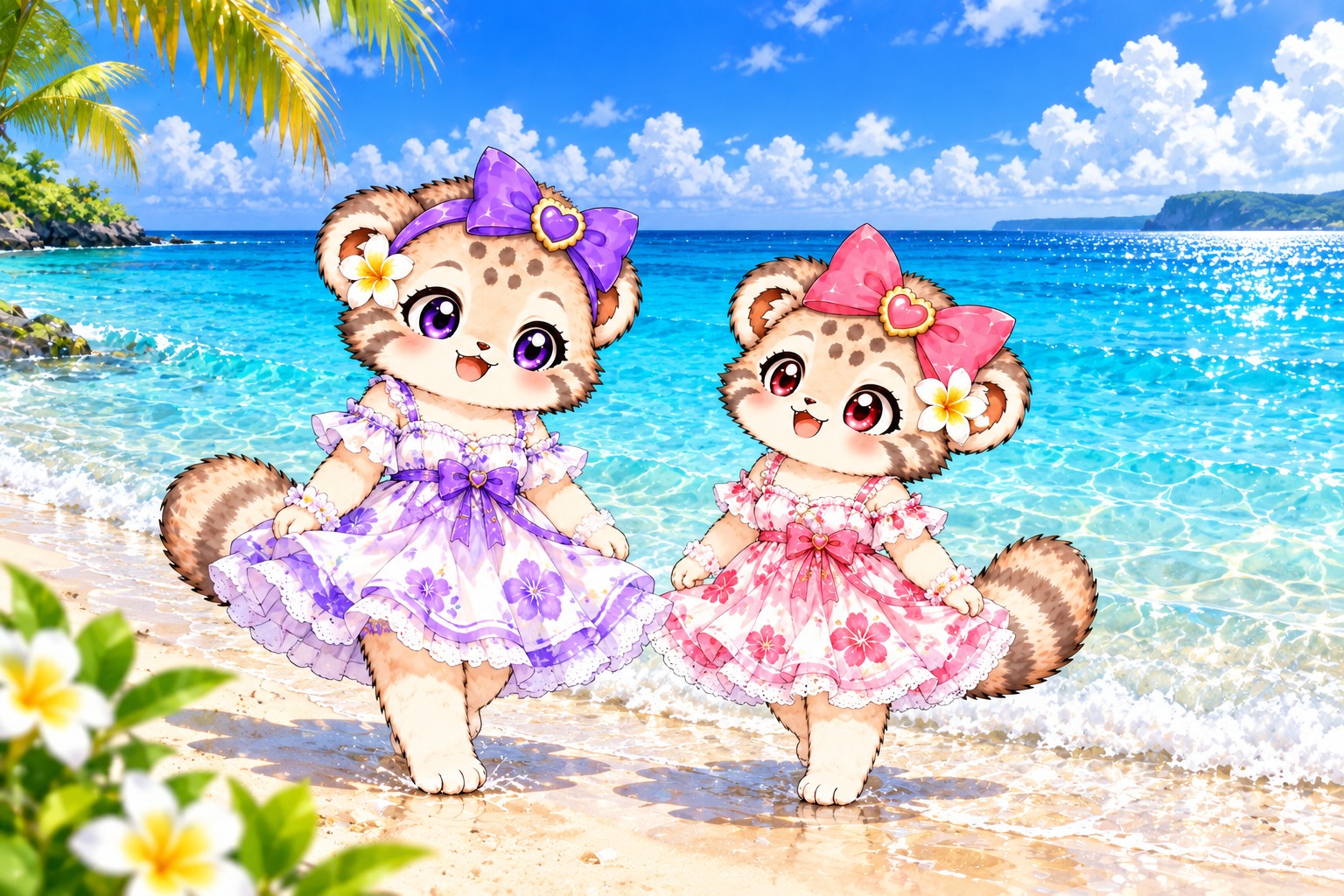 グアムの青い海と空、プルメリアと姉妹のリゾート時間。